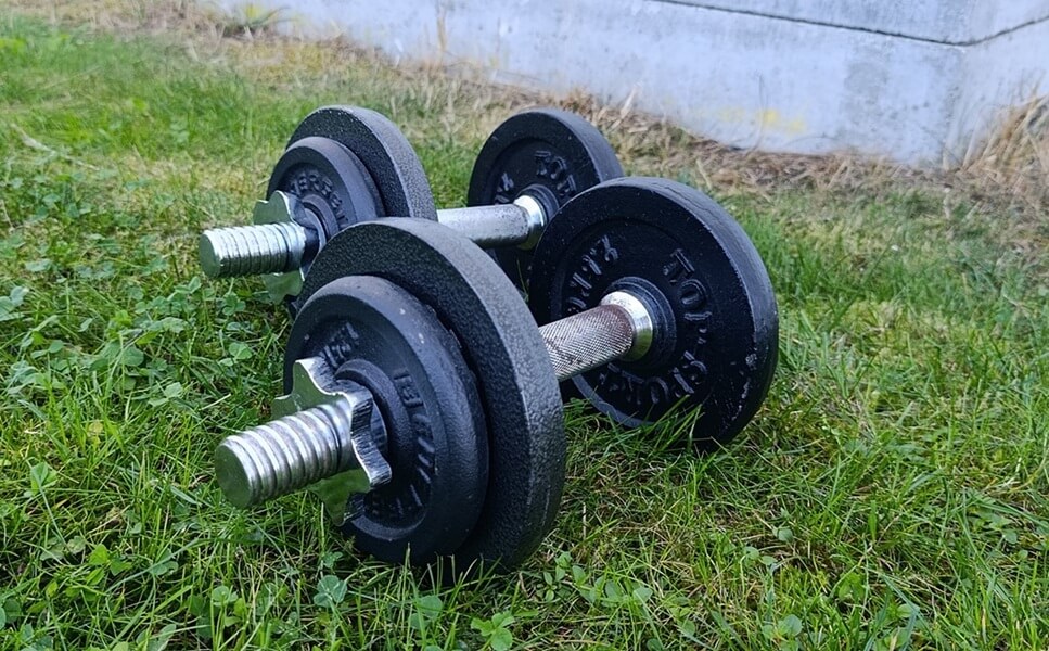 Zwei Kurzhanteln für das Personal Training im Garten.